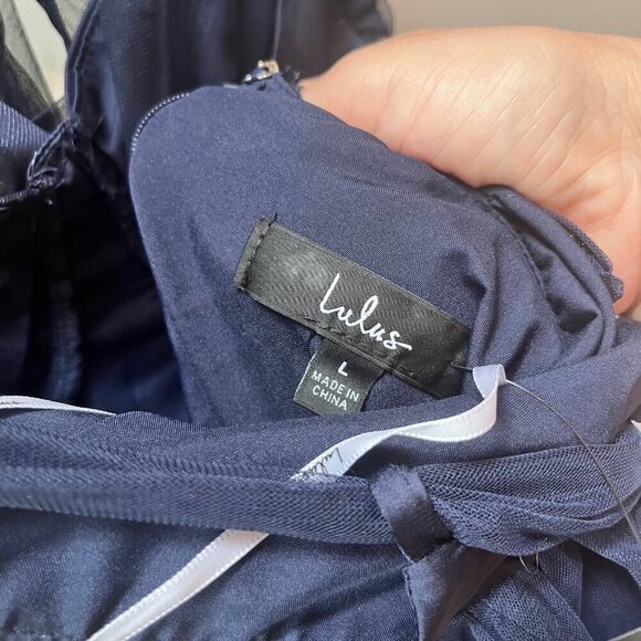 NEW Lulus Navy Blue Halter Dress with Bow & Tulle Overlay Size L - Picture 6 of 8